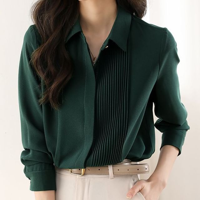 Happo-Long-Sleeve Plain Pintuck Shirt