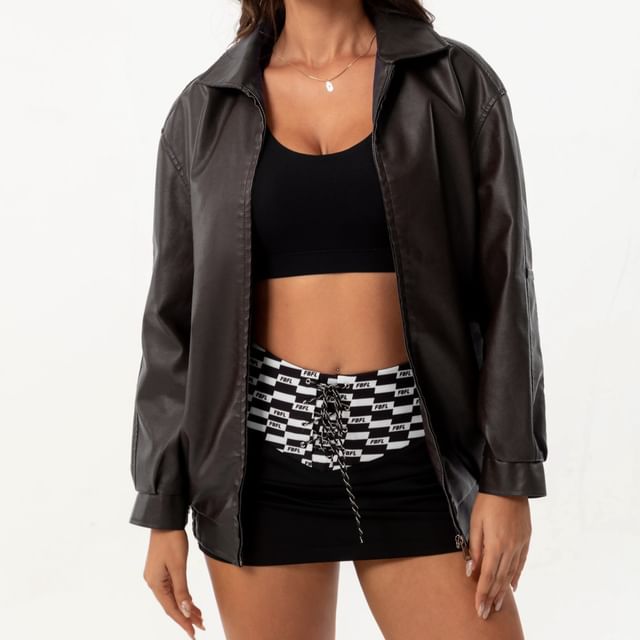 JVL-Collared Plain Zip-Up Faux Leather Jacket