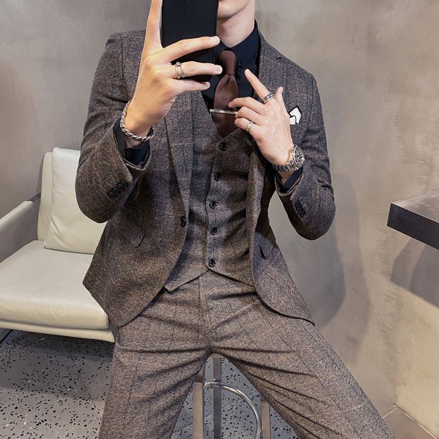 Deepwood - Set: Plaid One-Buttoned Blazer + Vest + Tapered Dress Pants |  YesStyle
