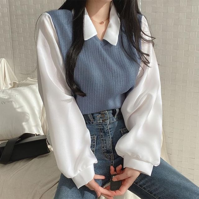 Sisyphi-Long Sleeve Collared Mock Two Piece Blouse