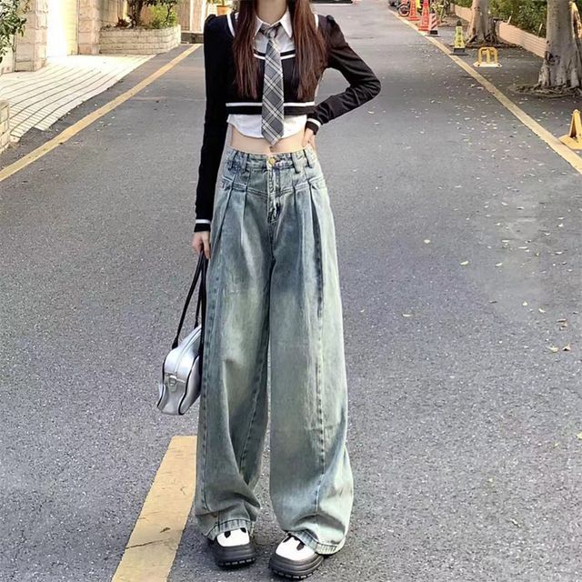 Everose-Mid Waist Washed Wide Leg Jeans