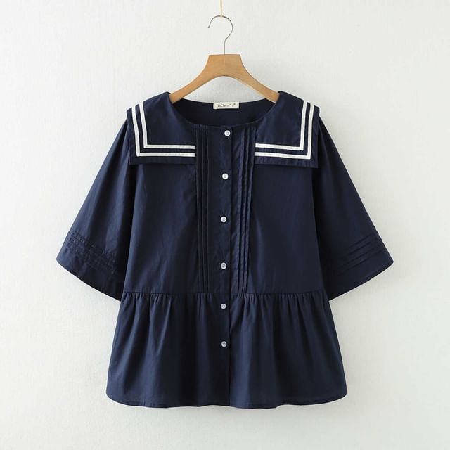PANDAGO-Short-Sleeve Sailor Collar Pleated Blouse