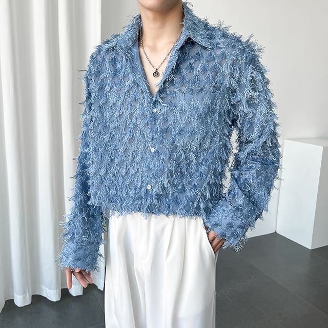 FORSETI-Long-Sleeve Plain Fringed Shirt