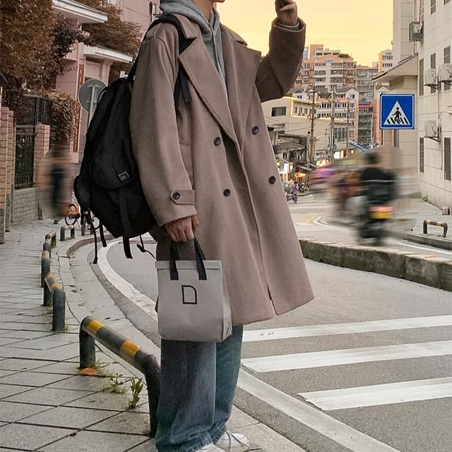 Obikan-Lapel Collar Plain Double Breasted Wool Long Coat