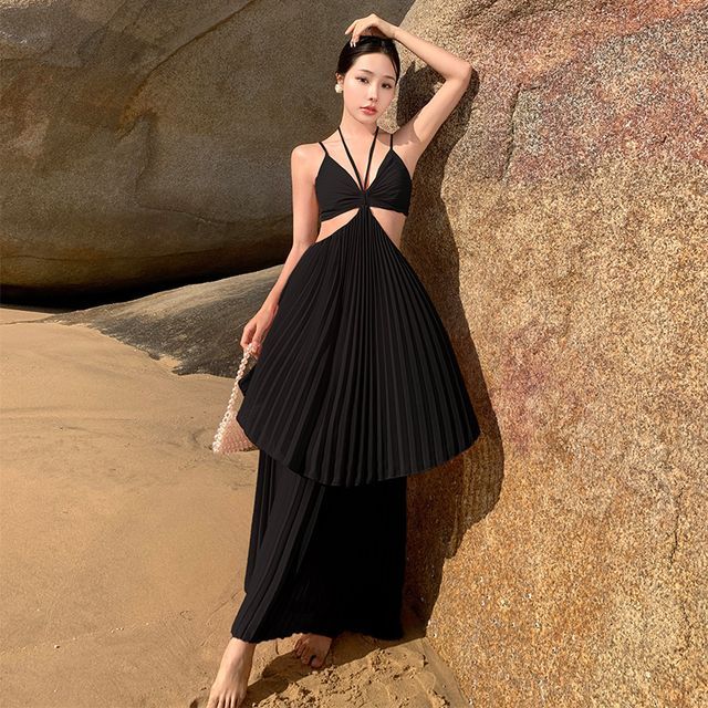 slim fit dress slacks ASOS DESIGN Tall Twist Cut Out Halter Midi Dress In Aubergine main image 0
