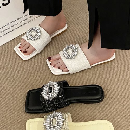 clog wings Plaid Rhinestone Slide Sandals YesStyle