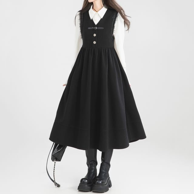 V-Neck Plain Buckled Midi Pinafore Dress