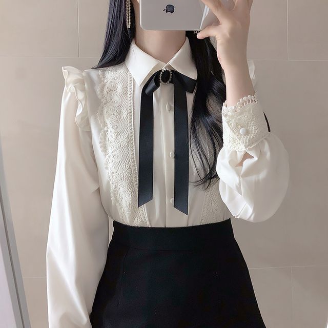 Hanji - Lace Trim Bow Blouse | YesStyle