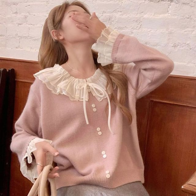 FR-Flared-Sleeve Plain Ruffle Mock Two-Piece Sweater
