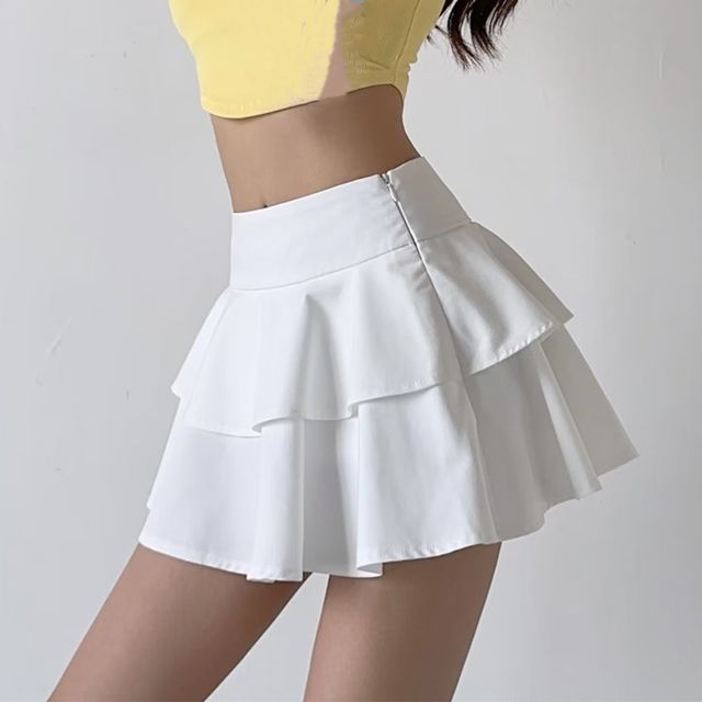 Hollahop-High Rise Plain Ruffle Mini A-Line Skirt