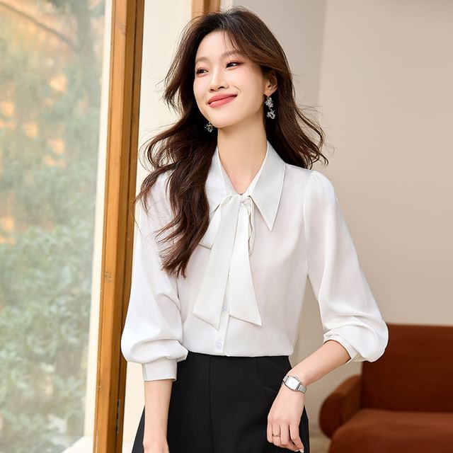 Skyheart-34 Sleeve Collared Bowknot Plain Blouse High Rise Plain Pencil Skirt Set Various Designs