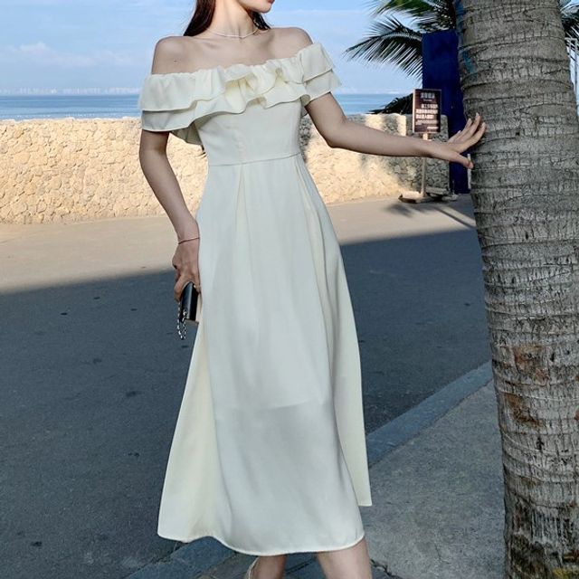 knee length dresses for ladies Off the Shoulder Ruffle Maxi Dress – Endless Rose main image 1