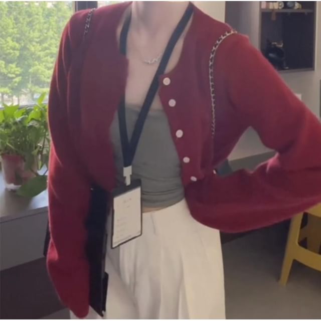 Dreamkura-round Neck Plain Cropped Cardigan