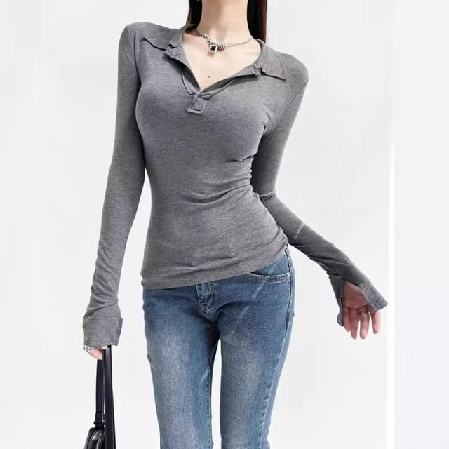 Asiris-Long Sleeve Plain Open Placket Polo Shirt