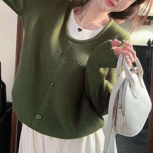 Beem-Mock Two-Piece Long-Sleeve Crew Neck Two Tone Ribbed Button Knit Top