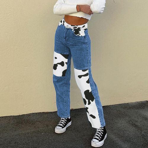 Honet - High-Waist Cow-Print Patchwork Straight-Fit Jeans