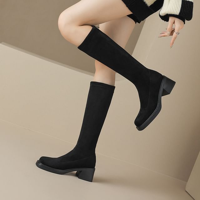 Cinnabelle-Square Toe Platform Faux Suede Knee High Boots