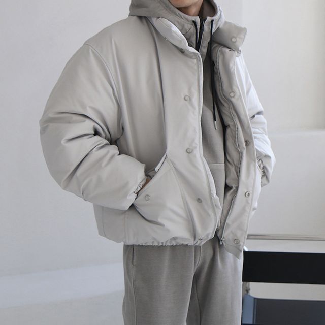 Okwano-Stand Collar Plain Zip Puffer Jacket