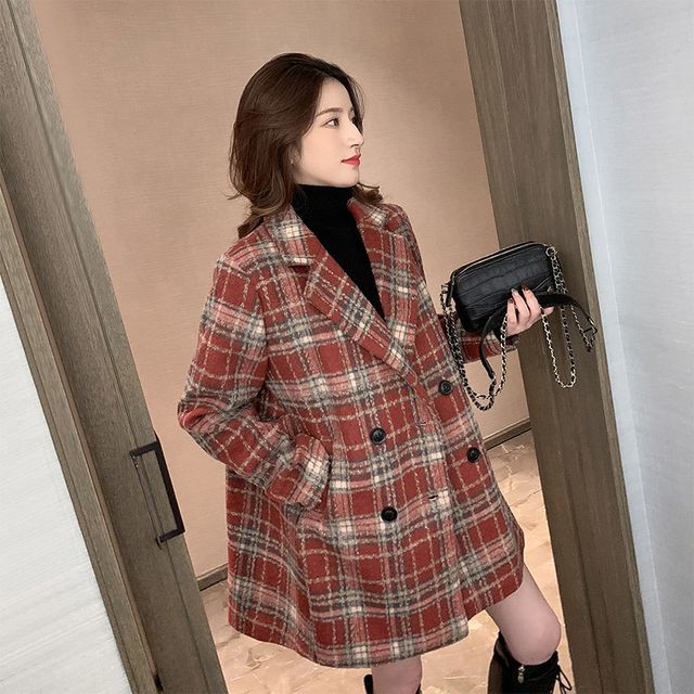 Everose-Double Breasted Plaid Coat