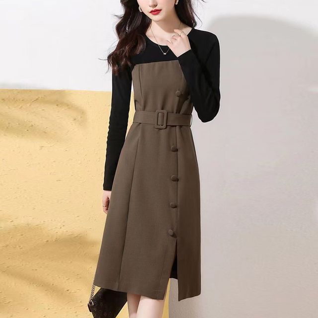 polarfalle - Long-Sleeve Crew Neck Two Tone Midi A-Line Dress | YesStyle
