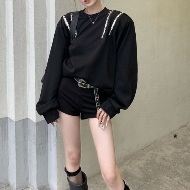 Beem-Round Neck Plain Zipped Sweatshirt