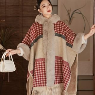 Catamin Plaid Fluffy Trim Midi Capelet / Long-Sleeve Floral Lace Qipao Sale
