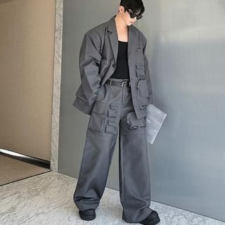 Freehop-Set Notch Lapel Plain Single-Breasted Cargo Blazer Mid Rise Detachable Wide Leg Pants