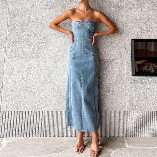 Washed Panel Maxi A-Line Denim Tube Dress