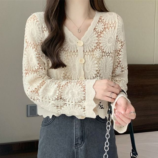 OGAWA-V-Neck Plain Crochet Knit Cardigan