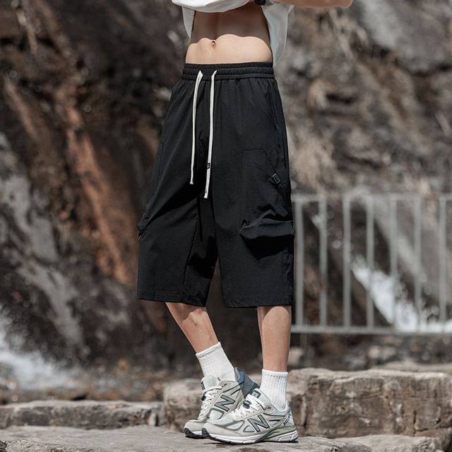 Dandyluxe-Drawstring Waist Plain Capri Straight Leg Cargo Pants