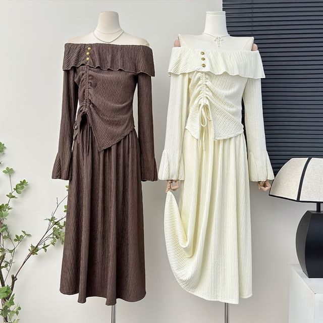 Lemongrass-Set Ruffled Off-Shoulder Drawstring Crop Tee A-Line Skirt in 6 Colors