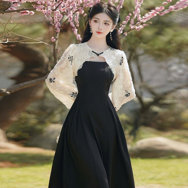 a line dress with shrug Pantho - Spaghetti Strap Irregular Midi A-Line Dress / Long-Sleeve Shrug / Set