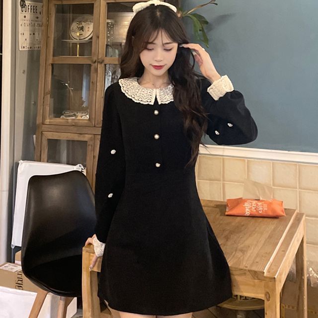 chinese dress ladies Velvet Lace Collar Black Dress main image 1