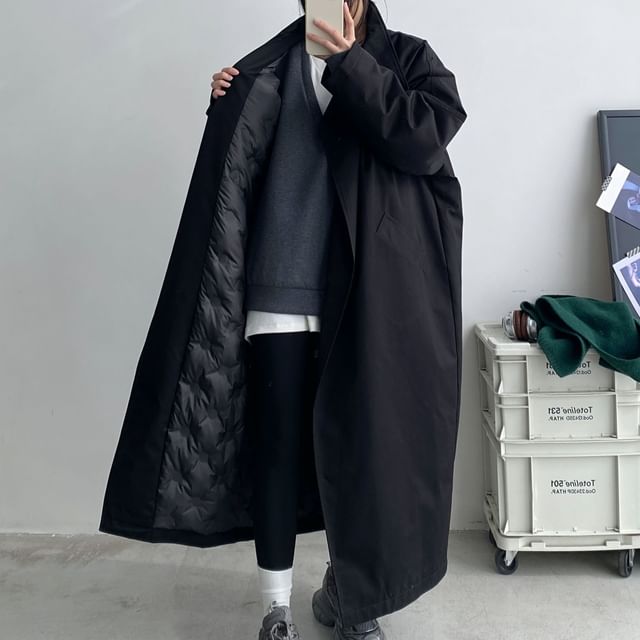 Cossita-Lapel Collar Plain Puffer Long Coat