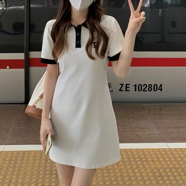 Moon City - Short-Sleeve Letter Embroidered Contrast Collar Mini A-Line  Polo Dress | YesStyle