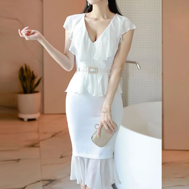 strapless open back dress Cap Sleeve Satin Peplum Blouse