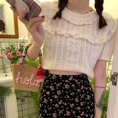 Beem - Ruffle Trim Knit Top / Floral Mini Pencil Skirt