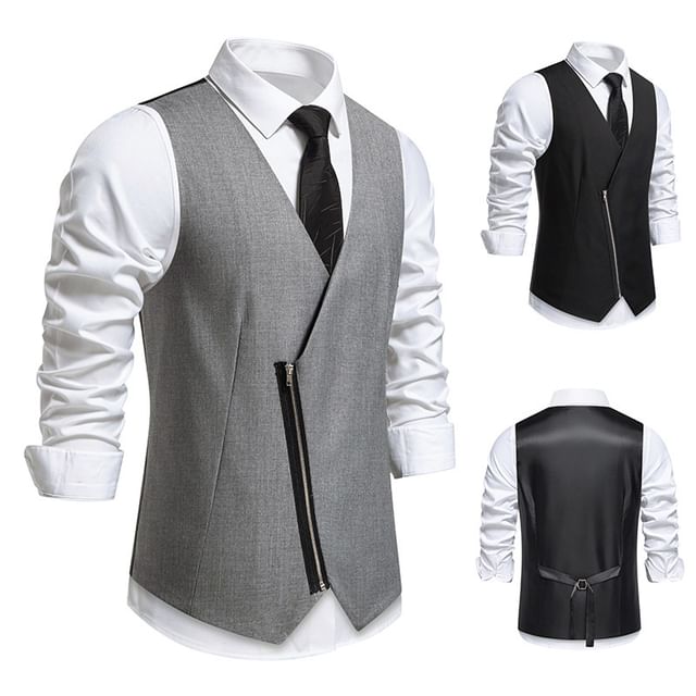 Fireon-V-Neck Plain Asymmetrical Zip Vest