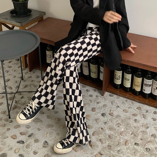 Everose-High Waist Checker Wide Leg Pants