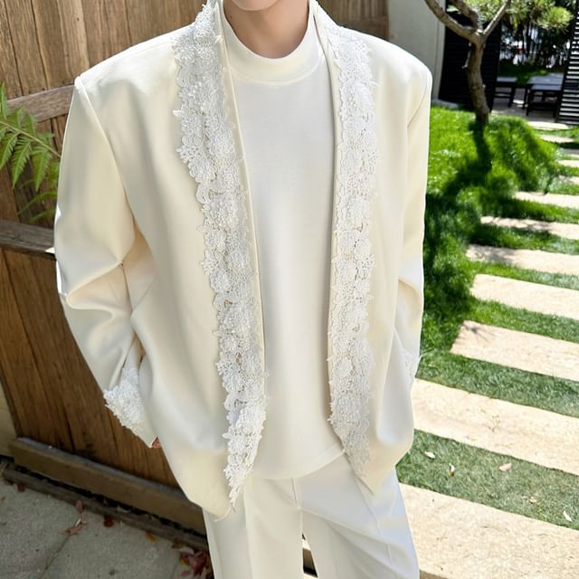 Freehop-Open Front Lace Trim Blazer