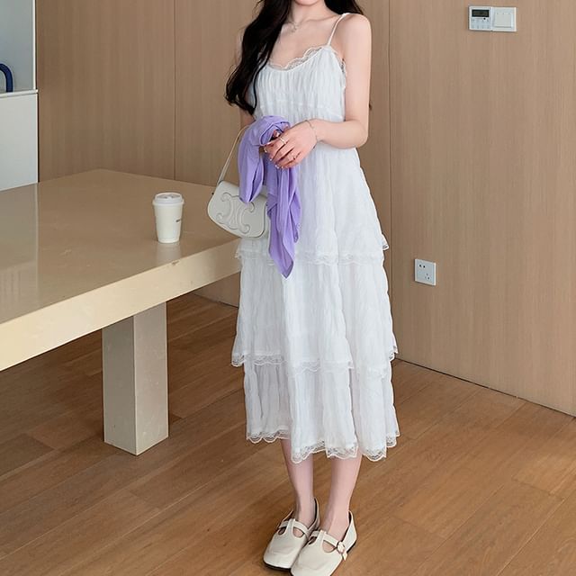 Melon Juice-Maternity Spaghetti Strap V-Neck Plain Lace Trim Tiered Midi A-Line Dress