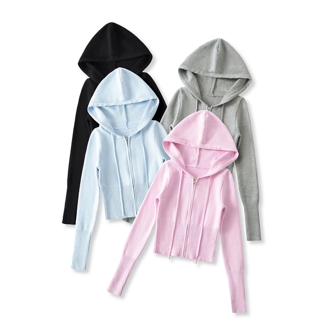 Asiris-Plain Hooded Zip Cardigan