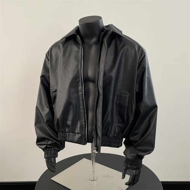 Plummie-Plain Faux Leather Zip Jacket
