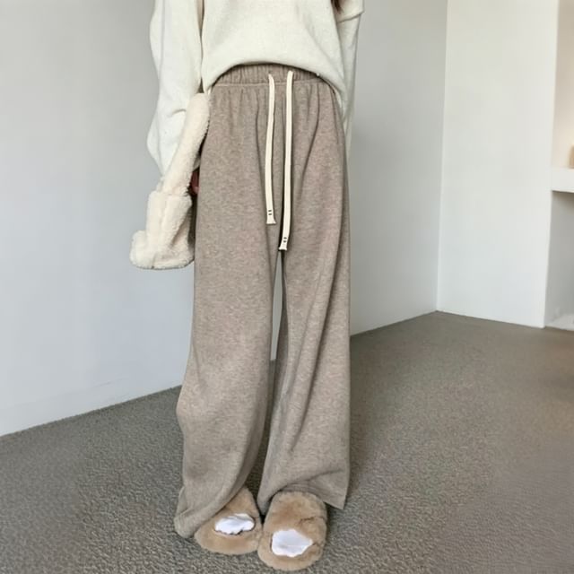 monroll-Drawstring Waist Plain Wide Leg Pants