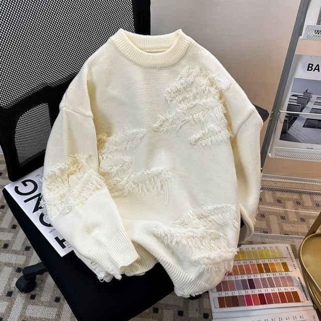 Plummie-Crew Neck Plain Distressed Sweater