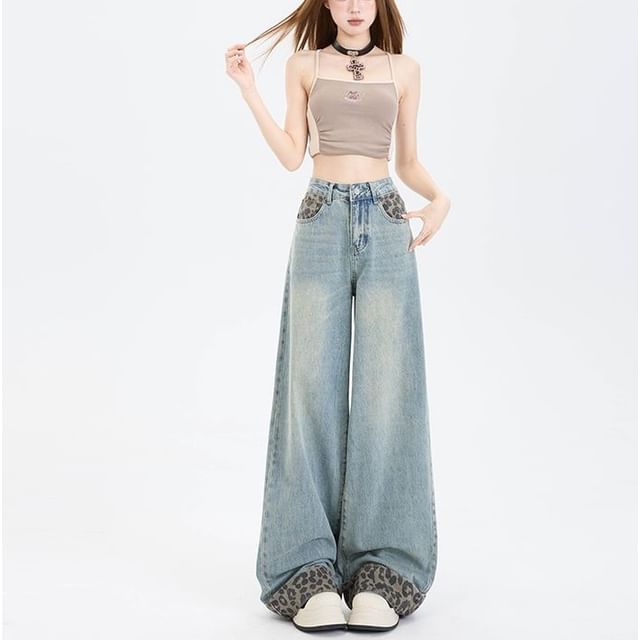 Denimot-High Rise Washed Leopard Patterned Panel Wide Leg Jeans
