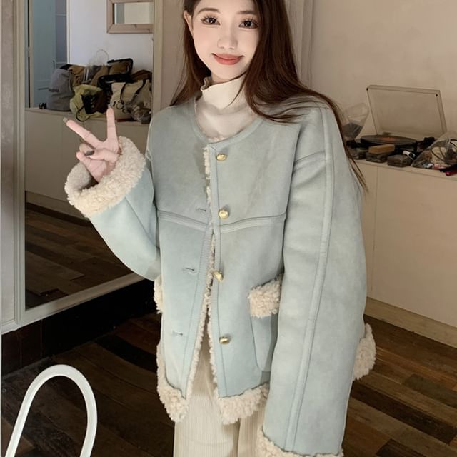 Magma-U-Neck Lace Trim Button-Up Jacket