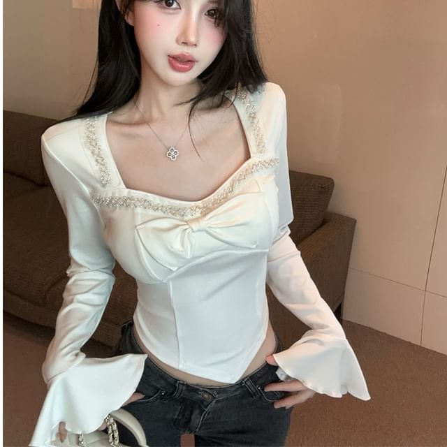 Whoosh-Flare-Sleeve Square Neck Asymmetrical Plain Crop Top