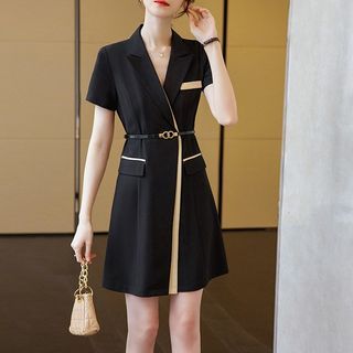 Princess Min Short-Sleeve V-Neck Plain Contrast Trim Mini A-Line Blazer Dress