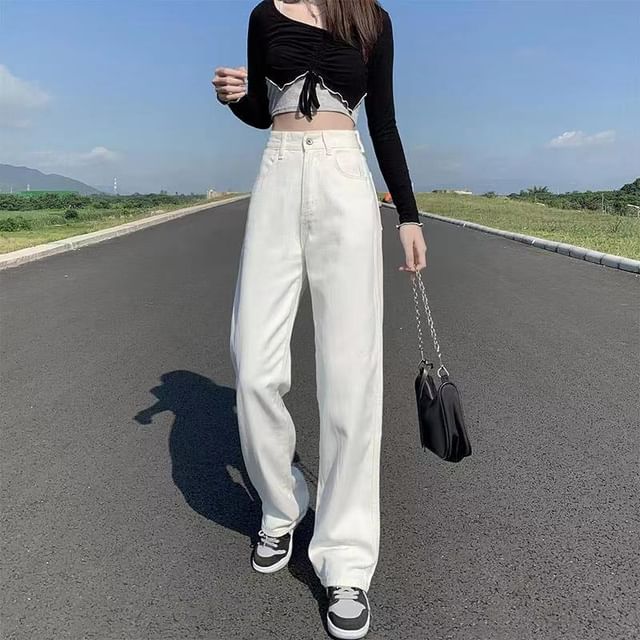 Everose-High Waist Plain Wide Leg Jeans